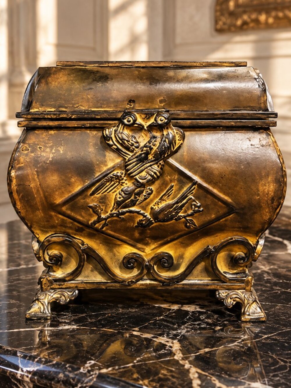 Large Vintage Art Nouveau Owl & Bird Ornate Footed Bronze Box With a Hinged Lid